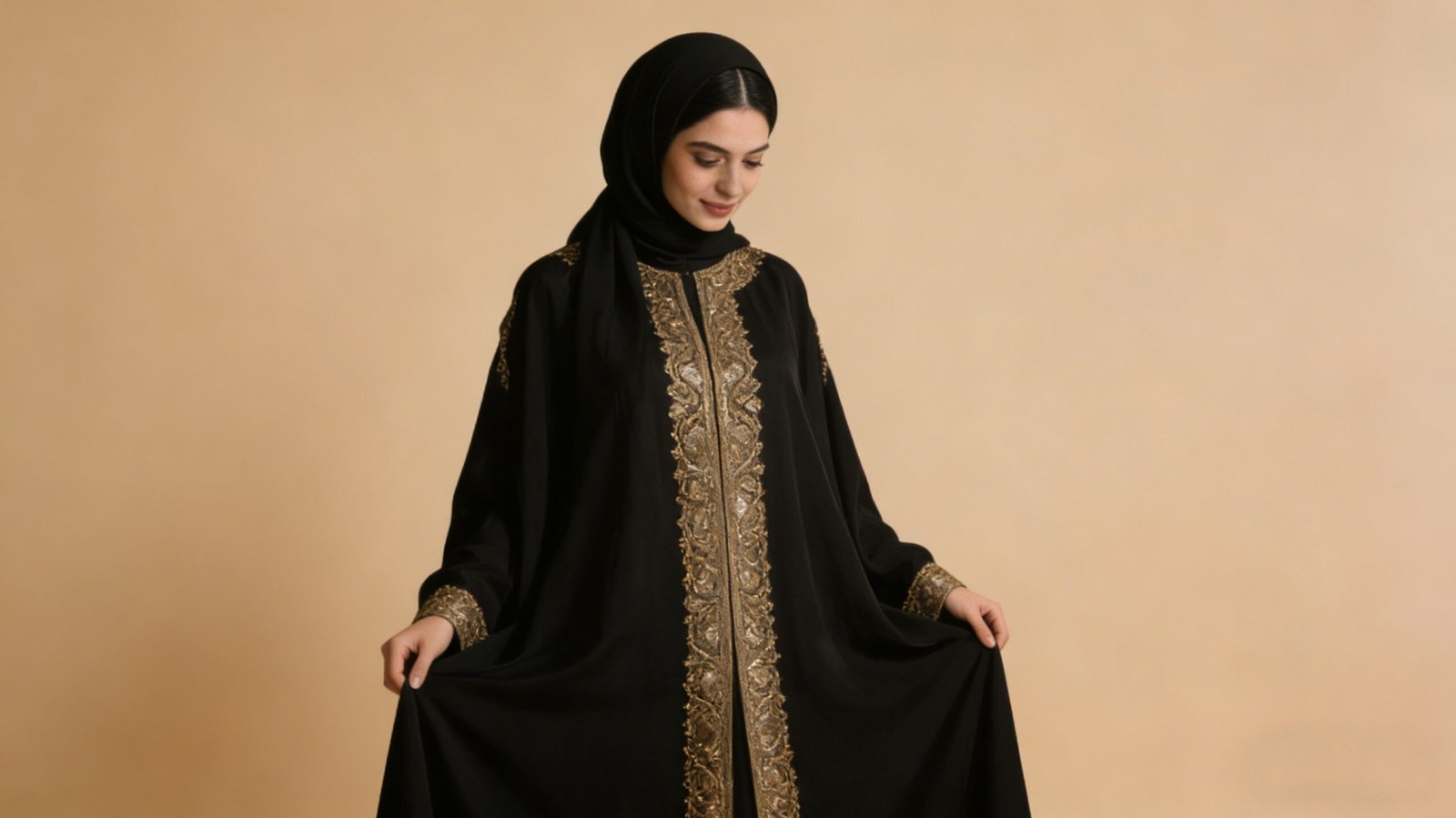 Technical sketches and finished examples of black luxury Abaya designs - Oharry-Your Trusted Custom Manufacturer for Middle Eastern Fashion Technical sketches and finished examples of black luxury Abaya designs